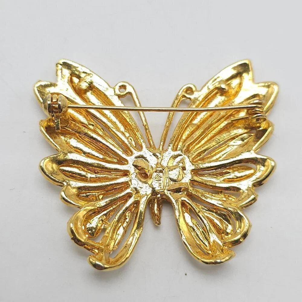 AAI White Sparkle Enamel Butterfly Brooch Pin Gold Tone Iridescent Vintage